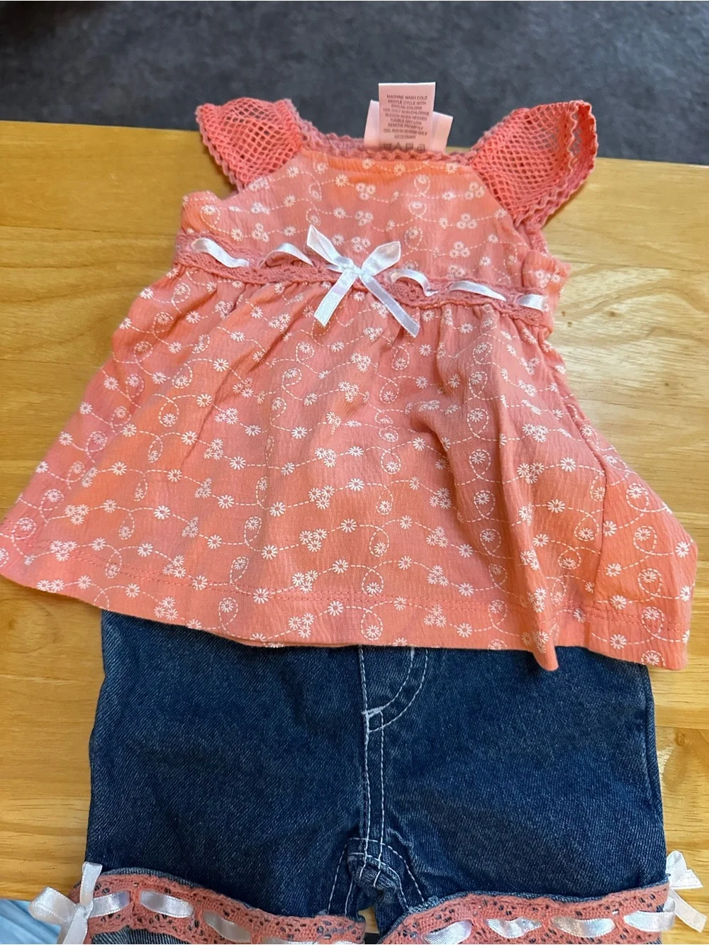 Little Me Coral Floral 2 piece Baby top with Eyelet Sleeves and denim shorts - Picture 10 of 10